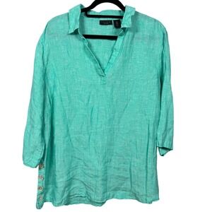 Tahari Women 1X Linen Top Popover Mother of Pearl Button Sides Aqua Teal Coastal